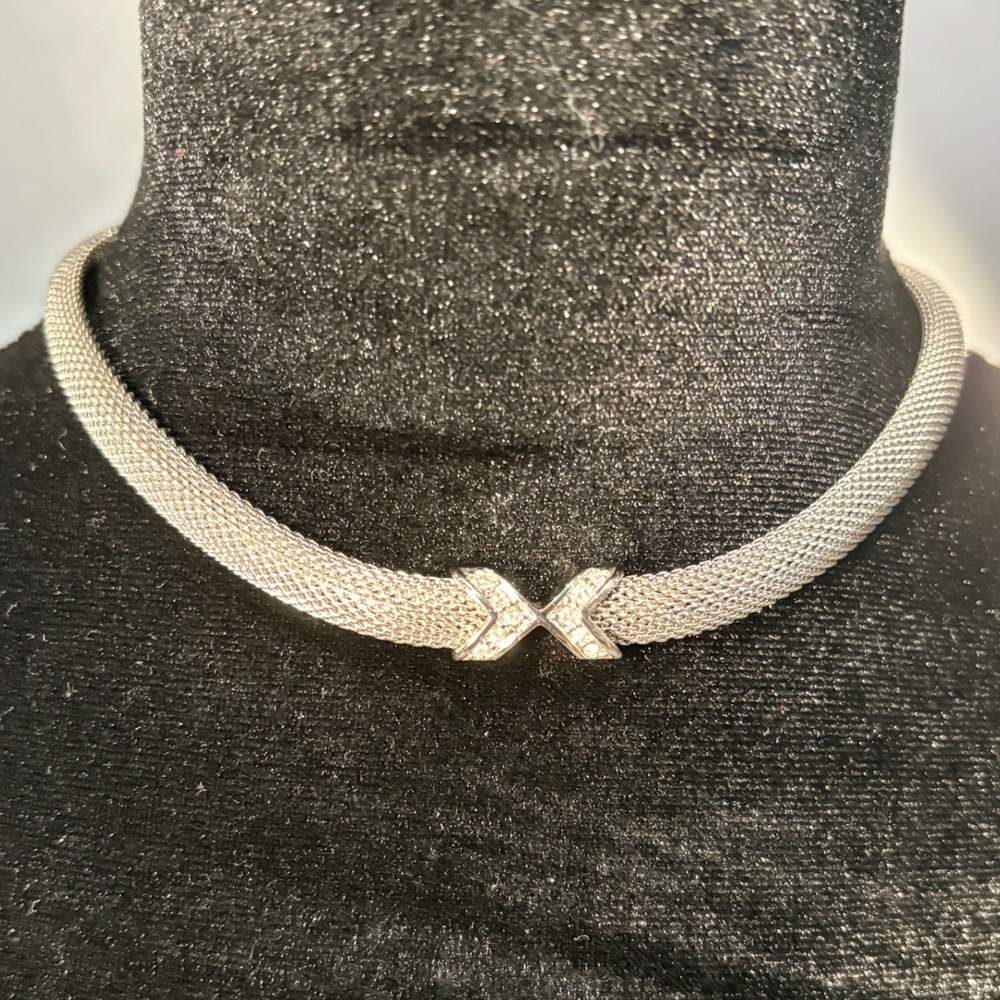 Skagen Denmark Stainless Steel Mesh Choker Collar Necklace Crystal Rhinestone X